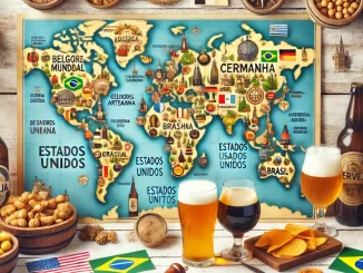 Mapa com ícones das melhores cervejarias do mundo em uma bela paisagem.