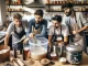 Amigos reunidos em uma cozinha caseira, produzindo cerveja artesanal.