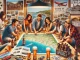 Grupo de amigos planejando viagem turística com mapas e laptops.
