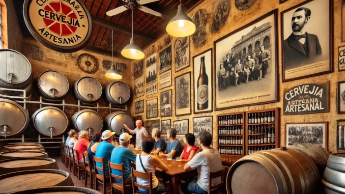 Paisagem interior de cervejaria artesanal Interior de uma cervejaria artesanal com paisagem, mesas e decoração rústica