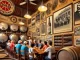 Interior de uma cervejaria artesanal com paisagem, mesas e decoração rústica