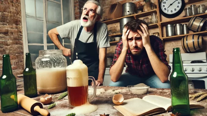 Mestre Cervejeiro na Cozinha Artesanal Mestre cervejeiro em cozinha artesanal ao lado de garrafa quebrada