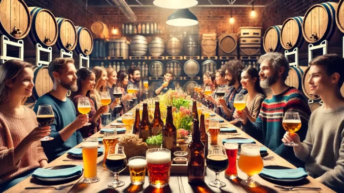 Degustação de Cerveja Artesanal ao Ar Livre Grupo de pessoas degustando cerveja artesanal em uma mesa com paisagem ao fundo