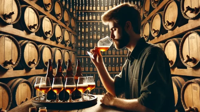 Degustador de Cerveja Artesanal em Paisagem Natural Degustador de cerveja artesanal sentado à mesa com garrafas e copos, fundo natureza