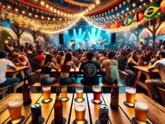 Evento de cervejaria artesanal na cidade com pessoas degustando diferentes cervejas