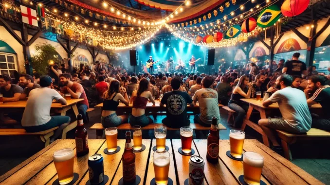 Evento de Cervejaria Artesanal na Cidade Evento de cervejaria artesanal na cidade com pessoas degustando diferentes cervejas