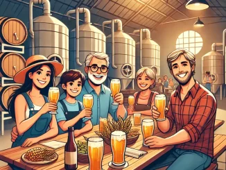 Família de férias desfrutando de uma degustação em uma cervejaria artesanal