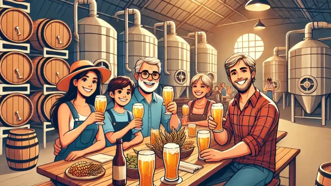 Família em Férias na Cervejaria Família de férias desfrutando de uma degustação em uma cervejaria artesanal