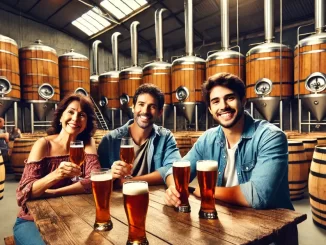 Família visitando cervejarias com degustação durante as férias, cercados por bela paisagem