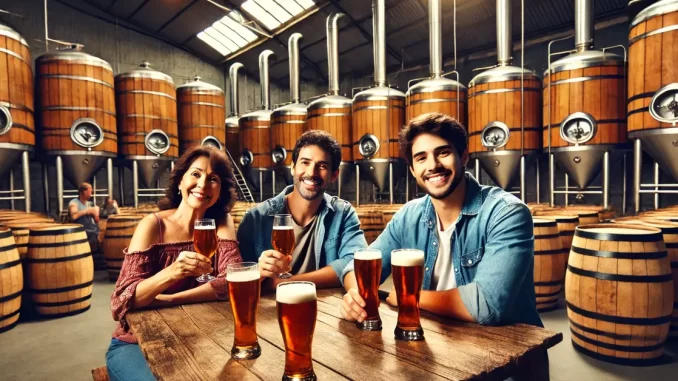 Família em Cervejarias nas Férias Família visitando cervejarias com degustação durante as férias, cercados por bela paisagem