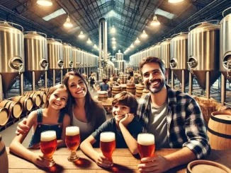Família visitando cervejarias nas férias na área de degustação