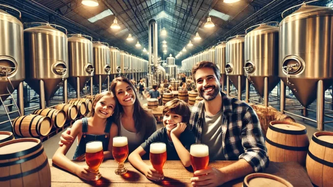 Família visitando cervejarias Família visitando cervejarias nas férias na área de degustação