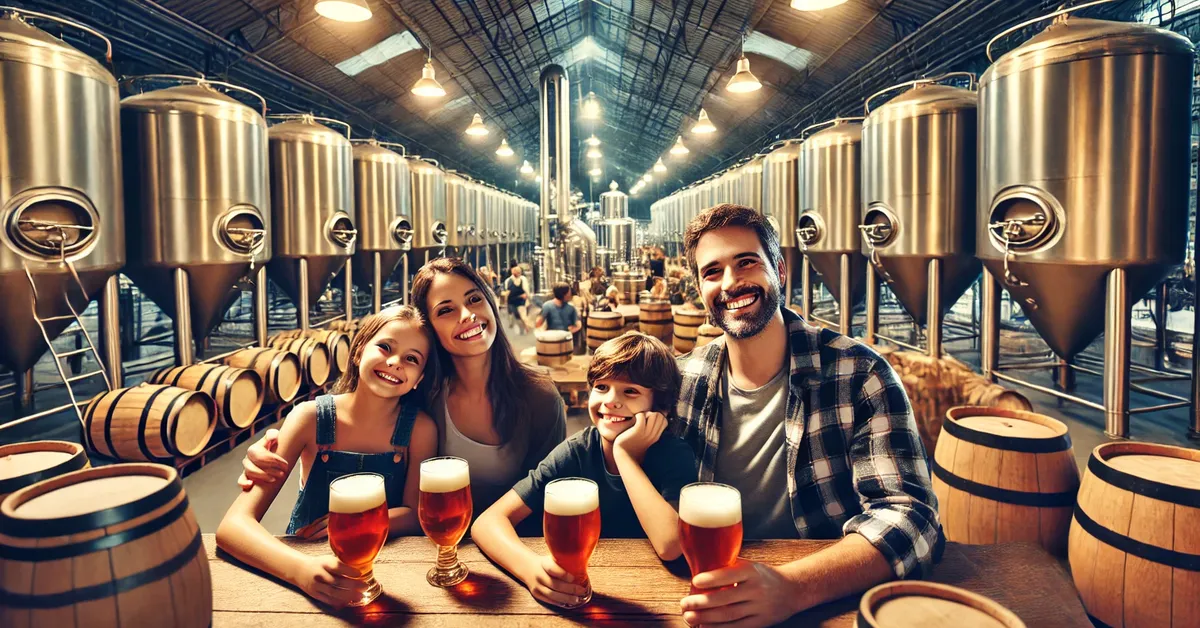 Família visitando cervejarias nas férias na área de degustação