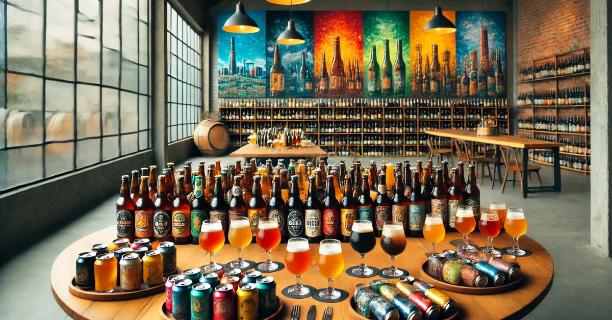 Paisagem com diversas garrafas de cerveja artesanal com rótulos coloridos