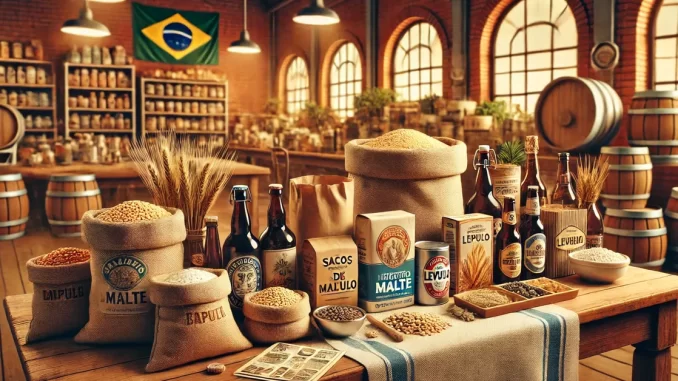Mesa com Insumos para Cervejeiros Iniciantes Mesa com insumos para cervejeiros iniciantes exibidos em uma paisagem