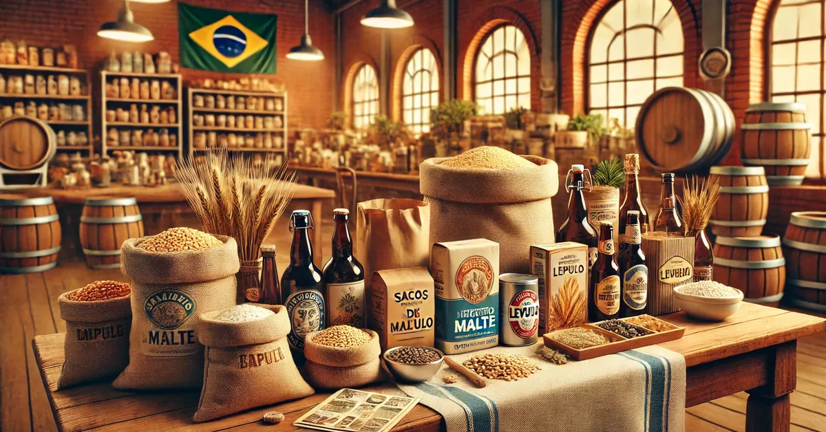 Mesa com insumos para cervejeiros iniciantes exibidos em uma paisagem