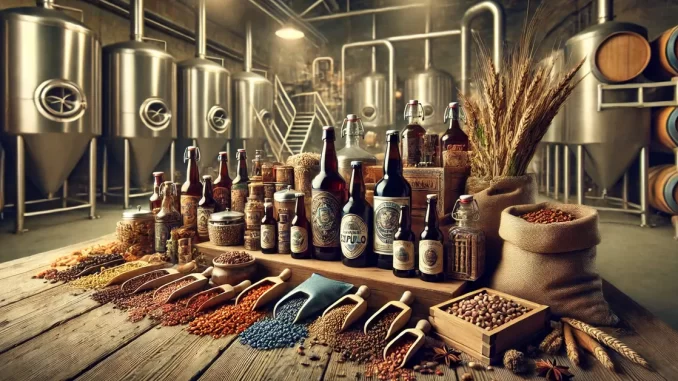 Insumos para Cervejas Artesanais em Mesa de Madeira Mesa de madeira com insumos para fabricação de cervejas artesanais em uma paisagem deslumbrante