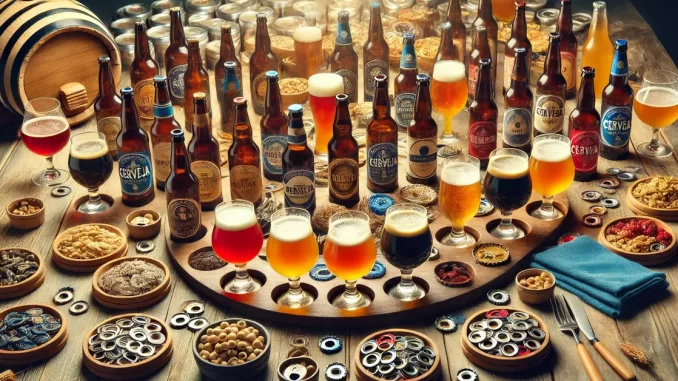 Garrafas de Cerveja Artesanal em Paisagem Conjunto de garrafas de cerveja artesanal em um cenário de paisagem variada