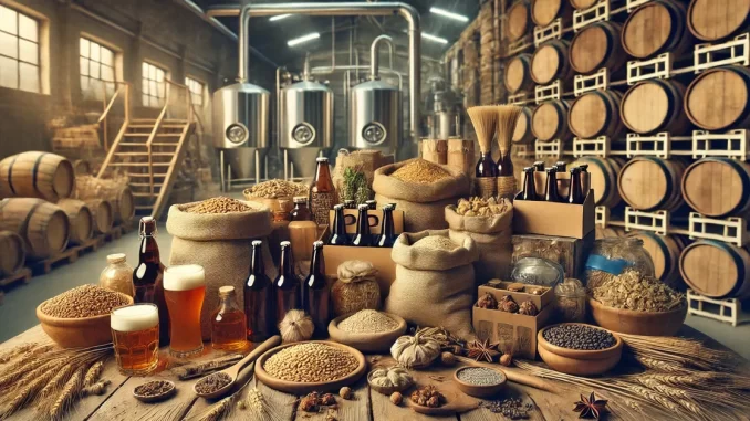 Insumos para Cerveja Artesanal na Mesa Insumos para cerveja artesanal dispostos em uma mesa de madeira com paisagem ao fundo