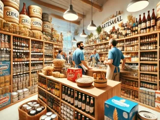 Interior de uma loja de insumos para cerveja artesanal com produtos expostos em prateleiras