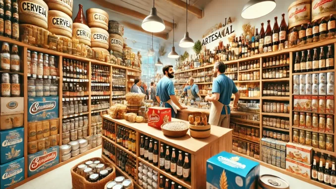 Interior de Loja de Insumos para Cerveja Artesanal Interior de uma loja de insumos para cerveja artesanal com produtos expostos em prateleiras