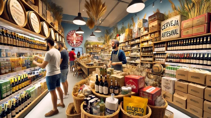 Loja de Insumos para Cerveja Artesanal - Interior Interior de loja de insumos para cerveja artesanal com prateleiras cheias de malte