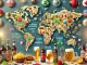 Mapa mundial destacando as melhores cervejarias e ícones de cerveja