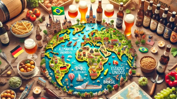 Mapa mundial destacando os melhores destinos para turismo cervejeiro com ícones