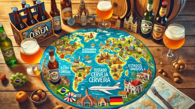Melhores Destinos de Turismo Cervejeiro Mapa mundial destacando os melhores destinos para turismo cervejeiro com belas paisagens.