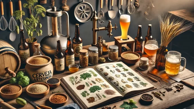 Mesa com Ingredientes para Cerveja Artesanal Mesa de cozinha com ingredientes e ferramentas para fazer cerveja artesanal