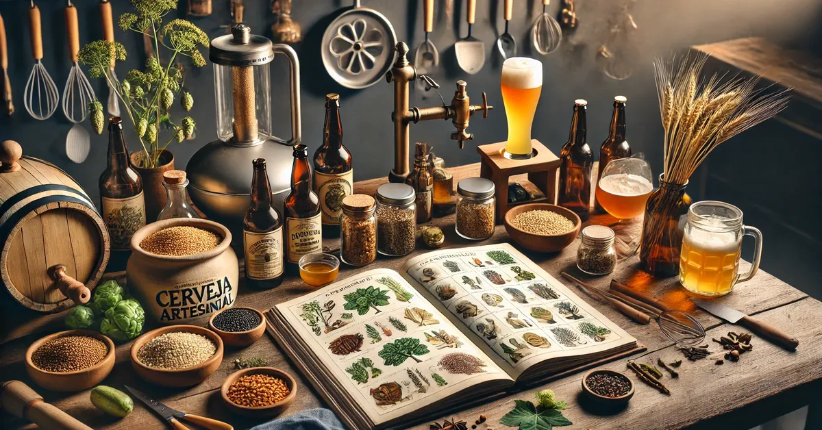 Mesa de cozinha com ingredientes e ferramentas para fazer cerveja artesanal