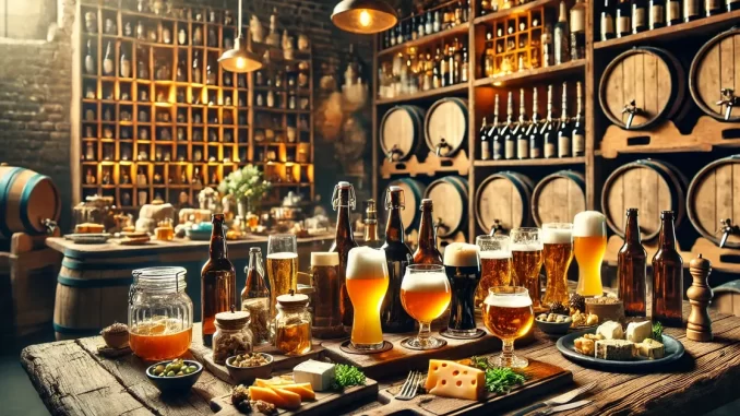 Mesa Rústica com Cerveja Artesanal Mesa de madeira rústica com garrafas de cerveja artesanal em uma paisagem ao fundo