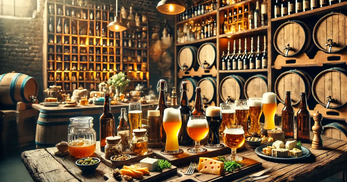 Mesa de madeira rústica com garrafas de cerveja artesanal em uma paisagem ao fundo