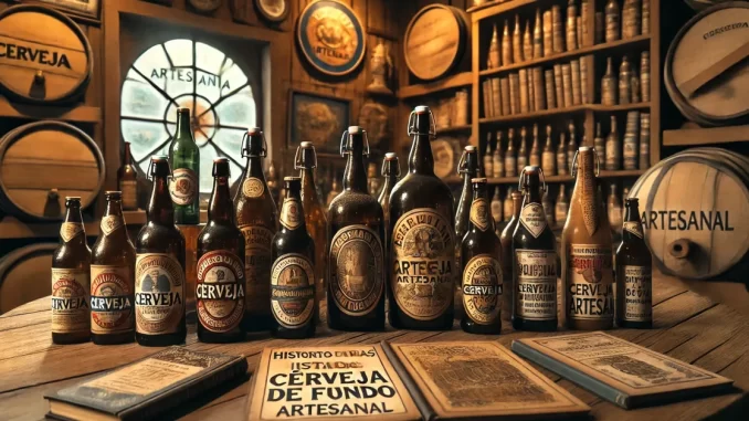 Mesa rústica com cervejas artesanais Mesa rústica com garrafas de cerveja artesanal e rótulos coloridos