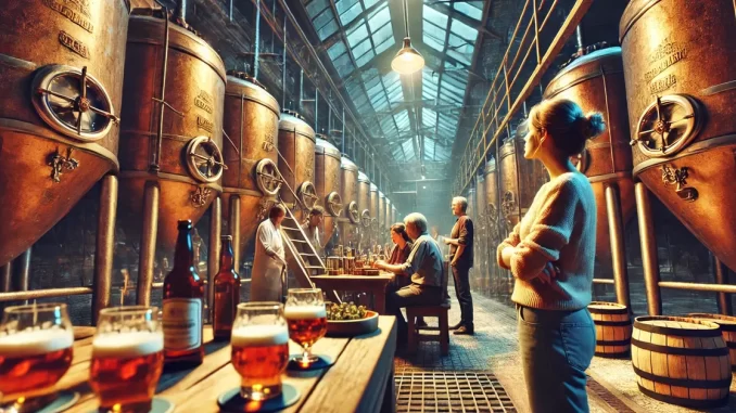 Pessoa visitando uma cervejaria artesanal com guia explicando o processo de fabricação