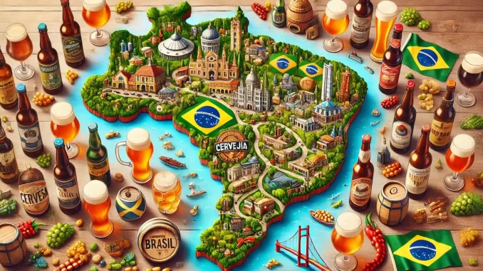 Roteiro de Turismo Cervejeiro no Brasil Mapa do Brasil com roteiros de turismo cervejeiro, destacando paisagens e regiões principais.