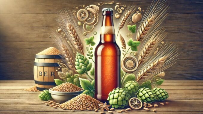 Garrafa de cerveja, lúpulo e cevada (Imagem: IA)